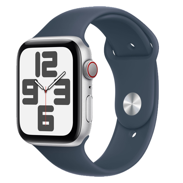 Apple Watch SE (44mm, GPS + Cellular) Silver Aluminium Case with Storm Blue Sport Band - S/M (IWSECEL44MMSIALMRHF3)