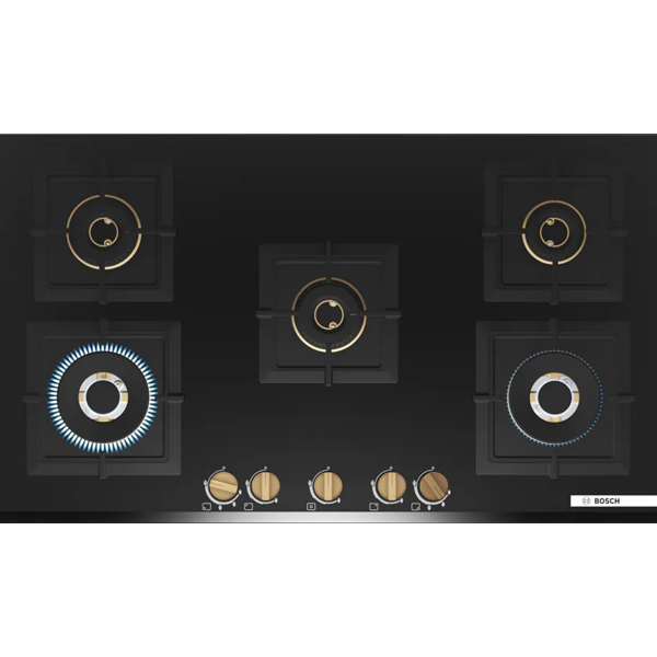 Bosch Built in Gas Hob Glass 5 Burner Auto Ignition 90 cm Full Brass 3D Ring Burners (Black Tempered glass, PNV9B6G20I)