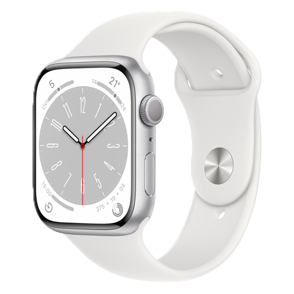 Apple Watch Series 8 45 mm Silver Aluminum Case with White Sport Band (GPS + Cellular) (IWS8GPS45MMSILALWTSP)