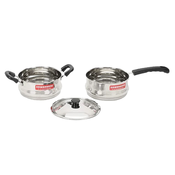 SOWBAGHYA Ultima Stainless Steel Cooking Pot With Lid And A Milk Pan, 3 Piece (Silver) (3PCSSETULTIMAIBSS)