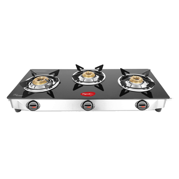 Pigeon Ayush 3 Burner High Powered Brass Open Gas Stove Cooktop with Glass Top and Stainless Steel Body (Black, Standard, PGAYUSH3B)