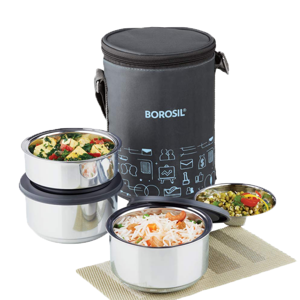 Borosil Carry Fresh Round Stainless Steel Lunchbox, 3pc Set (280ml x 2 + 180 ml x 1) (BRSLBCARRYFRESHSS180)