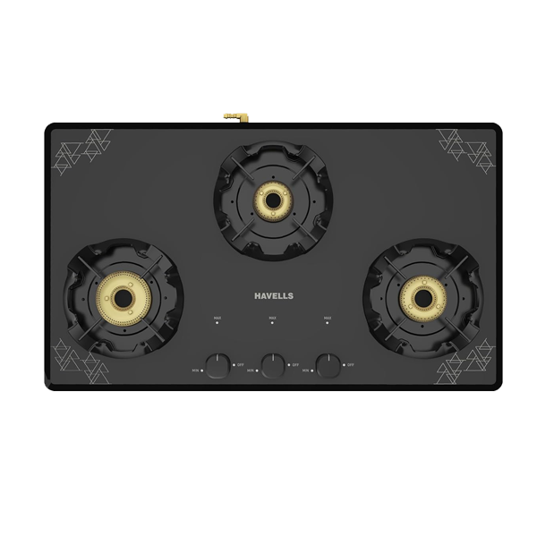 Havells Nucleus Toughened Glass Top 3 Burner Manual Gas Stove (Heavy Duty Brass Burner, Black, NUCLEUS3B)