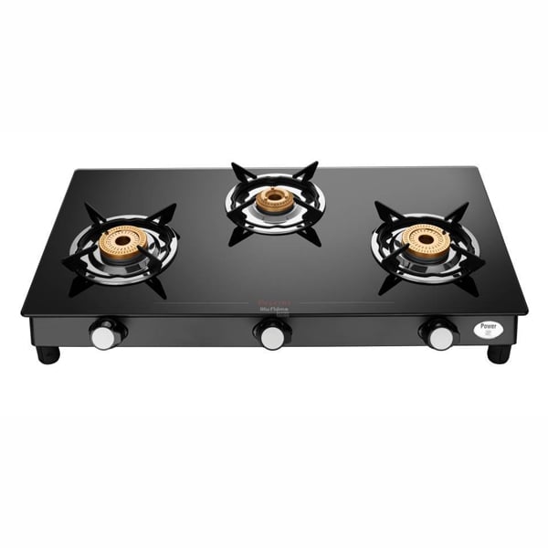 Preethi Bluflame Sparkle Power Duo glass top 3 Open burner gas stove, Manual Ignition, Black (SPARKLEPOWERDUO3B)