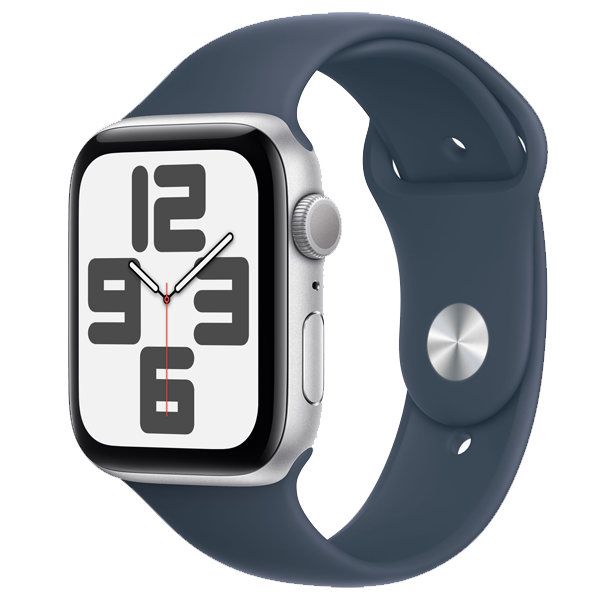 Apple Watch SE (44mm, GPS) Silver Aluminium Case with Storm Blue Sport Band - M/L (Band fits 150-200mm wrists) (IWSEGPS44MMSIALMREE3)