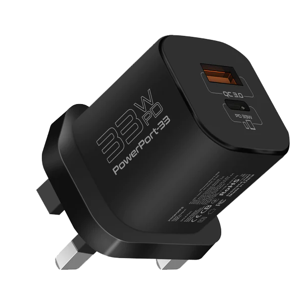 Promate PowerPort-33 GaNFast Charger, Compact 33W PD Adapter, Multi-Device Charging (PROMCAPOWER2PORT33W)