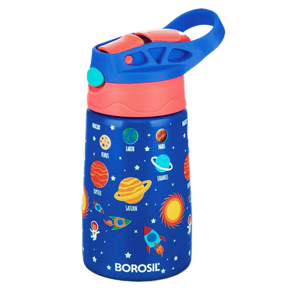 Borosil 300ml Space Kids Bottle, BIS Approved Made in India, 8 Hrs Hot & Cold 300 ml Stainless Steel Sipper (Blue, BRSKBSPACE300ML)