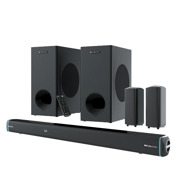 Zebronics Juke BAR 9552, Dolby Audio, Dual Wireless Subwoofer & Satellite, 625 Watts, RGB LED, Bluetooth Soundbar (Black, 5.2 Channel, ZEBSBTJUKEBAR9552)