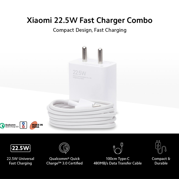 Xiaomi 22.5W Type A Fast Charger (Type A to Type C Cable, Qualcomm Quick Charge 3.0, MI22.5WFASTCHARCOMBO)