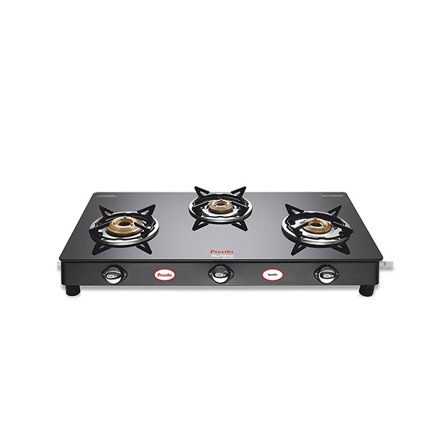 Preethi 3 burner Glow switch knob Gas stove - Black, Glass material (SPARKLENATURE3B)