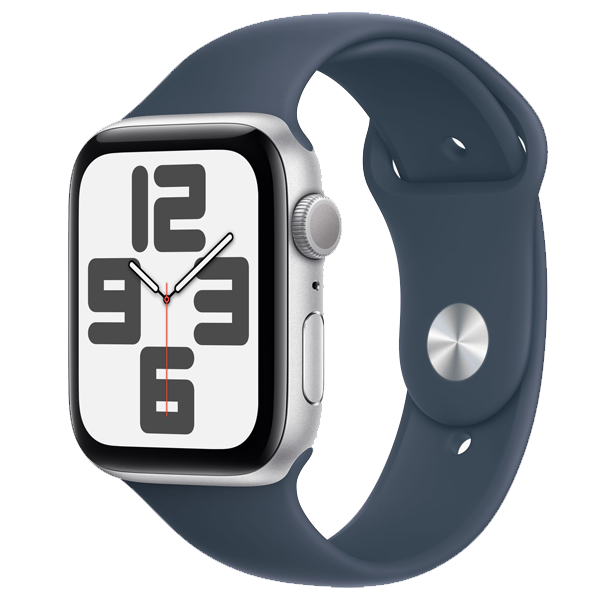 Apple Watch SE (44mm, GPS) Silver Aluminium Case with Storm Blue Sport Band - S/M (Band Fits 130-180mm wrists) (IWSEGPS44MMSIALMREC3) 