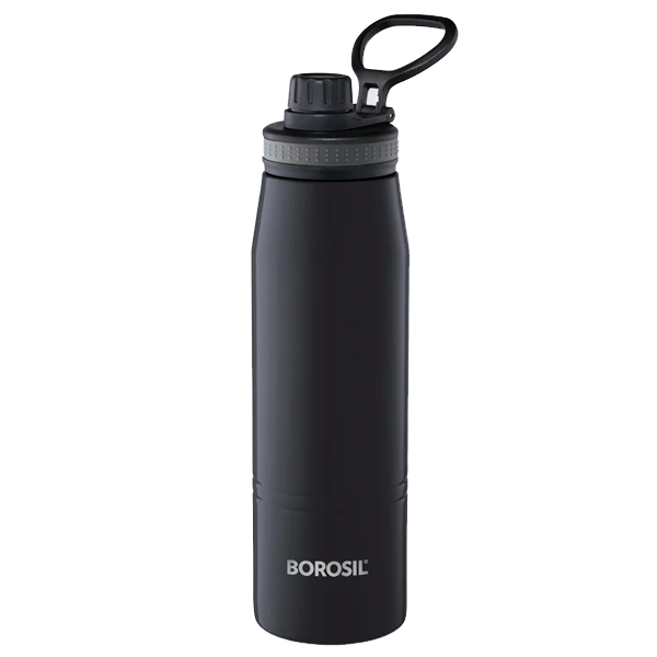 Borosil Hydra GoSports 600 ml Stainless Steel Water Bottle (Double Wall Vacuum Insulated Flask, Black, BRSBGOSPORTS600)