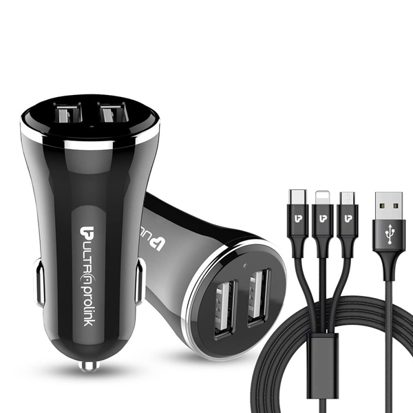 UltraProLink UM0082 Zipkit 2.4A Dual USB Car Charger With 3 In 1 Fast Charging Cable 12W (UPLCHRZIPKITUM0082)