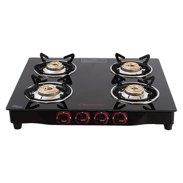 Butterfly Quadro 4 Burner Glass Top Gas Stove (Black) (4BQUORDIOGT)
