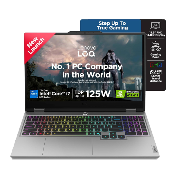 Lenovo LOQ, 13th Gen Intel Core i7 13700HX, RTX 5050-8GB, 16GB RAM, 1TB SSD, FHD, 15.6"/39.6cm, 144Hz, Windows 11 Gaming Laptop (LENOVOLOQ83JE00U7IN)
