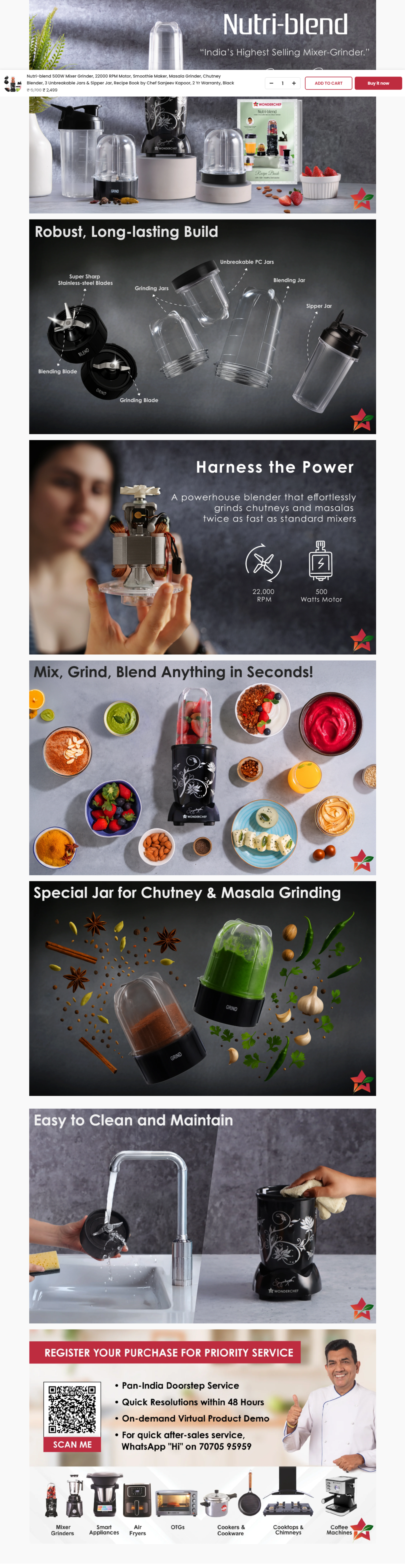 Wonderchef Nutri-blend 500W Mixer Grinder, 22000 RPM Motor (WCNUTRIBLEND3JAR500W)