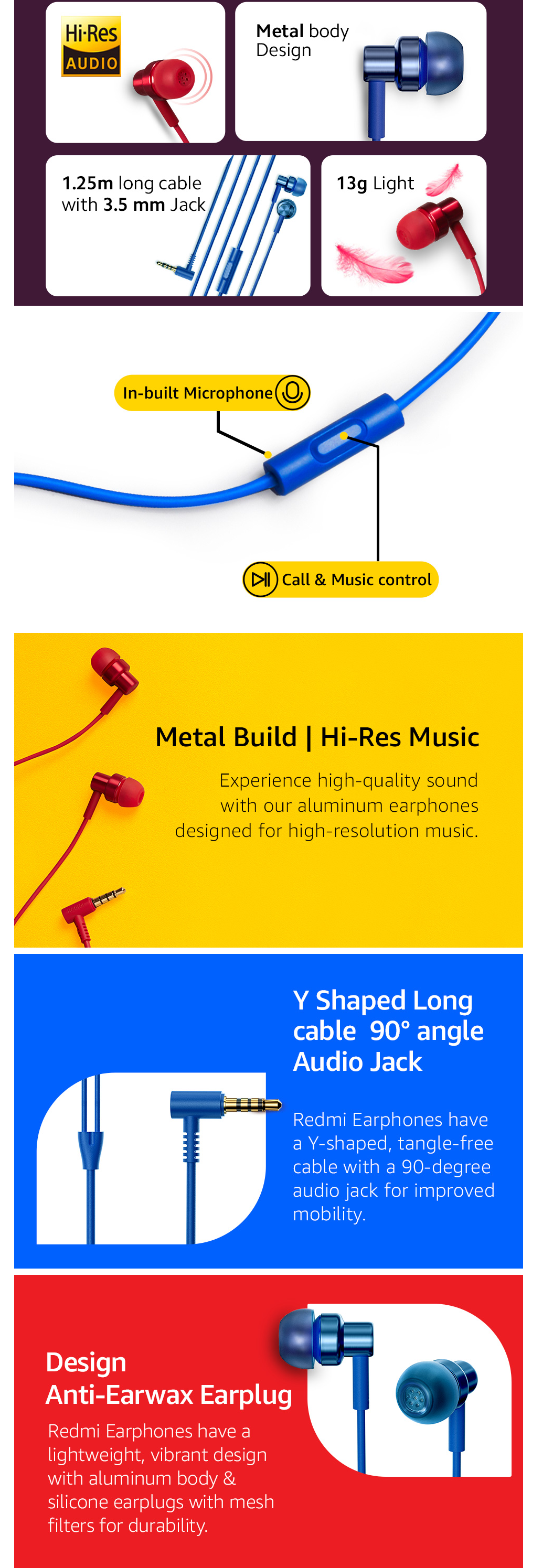 Redmi Earphones Hi-Res Audio Certified, 10 mm Driver, in-Built HD Mic, 3.5 mm Audio Jack (Black)(RMEARPHONE)