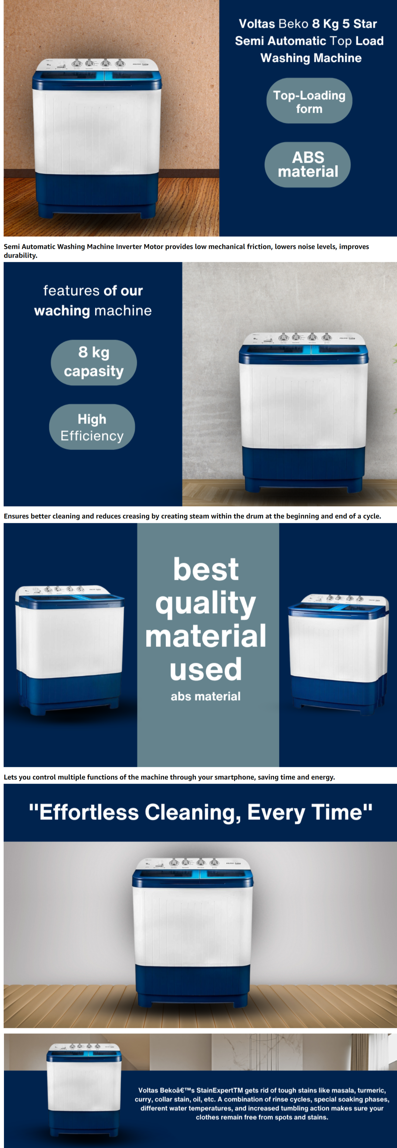 Voltas Beko 8 Kg 5 Star Semi Automatic Top Load Washing Machine (WTT80DBLGBLSSWH4)