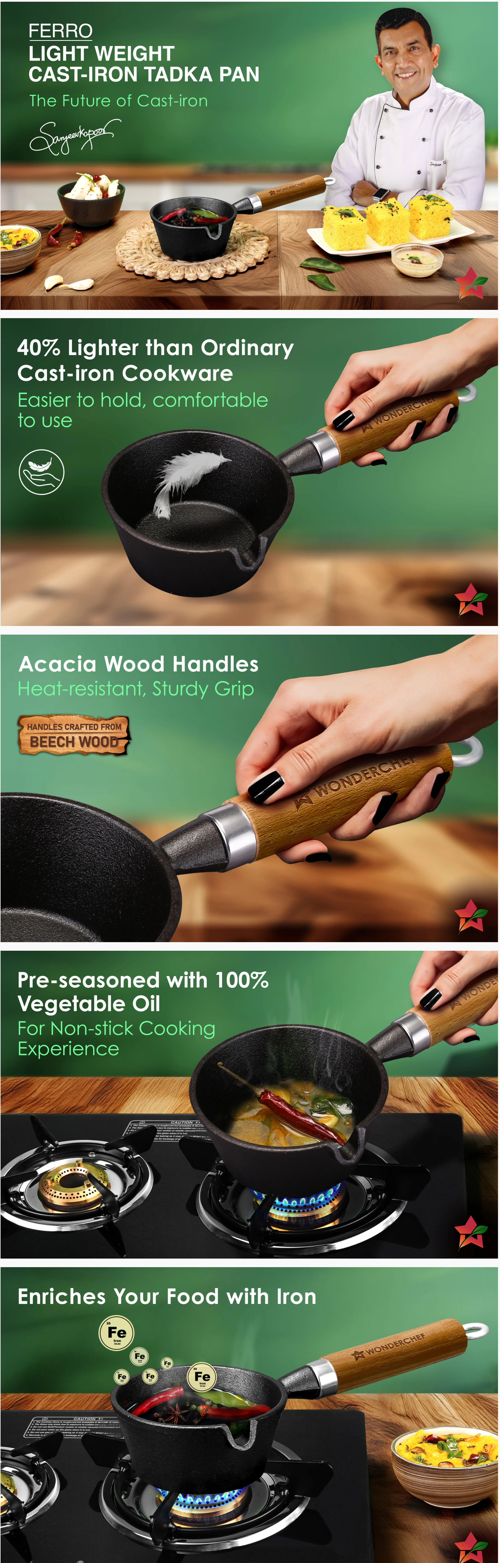 Wonderchef Ferro Light-Weight Cast-Iron Tadka Pan for Tempering (WCITPFERROCAST)