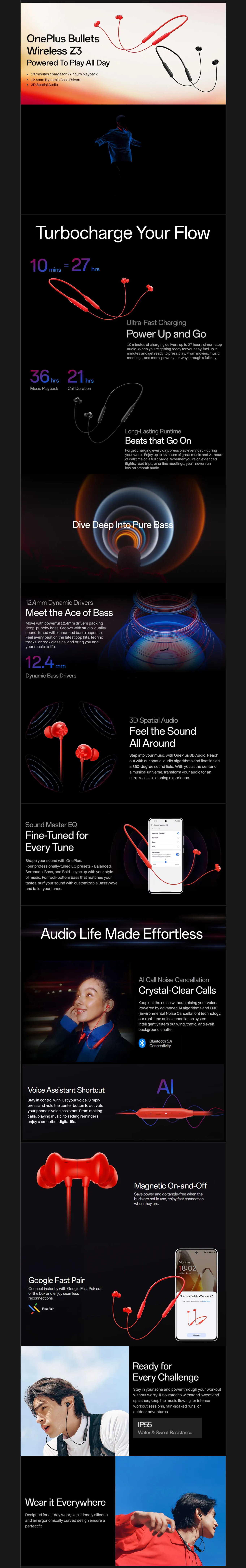 OnePlus Bullets Z3 Neckband with Environmental Noise Cancellation (IP55 Water Resistant, Magnetic Control, OPNBBULLETSWZ3E307A)