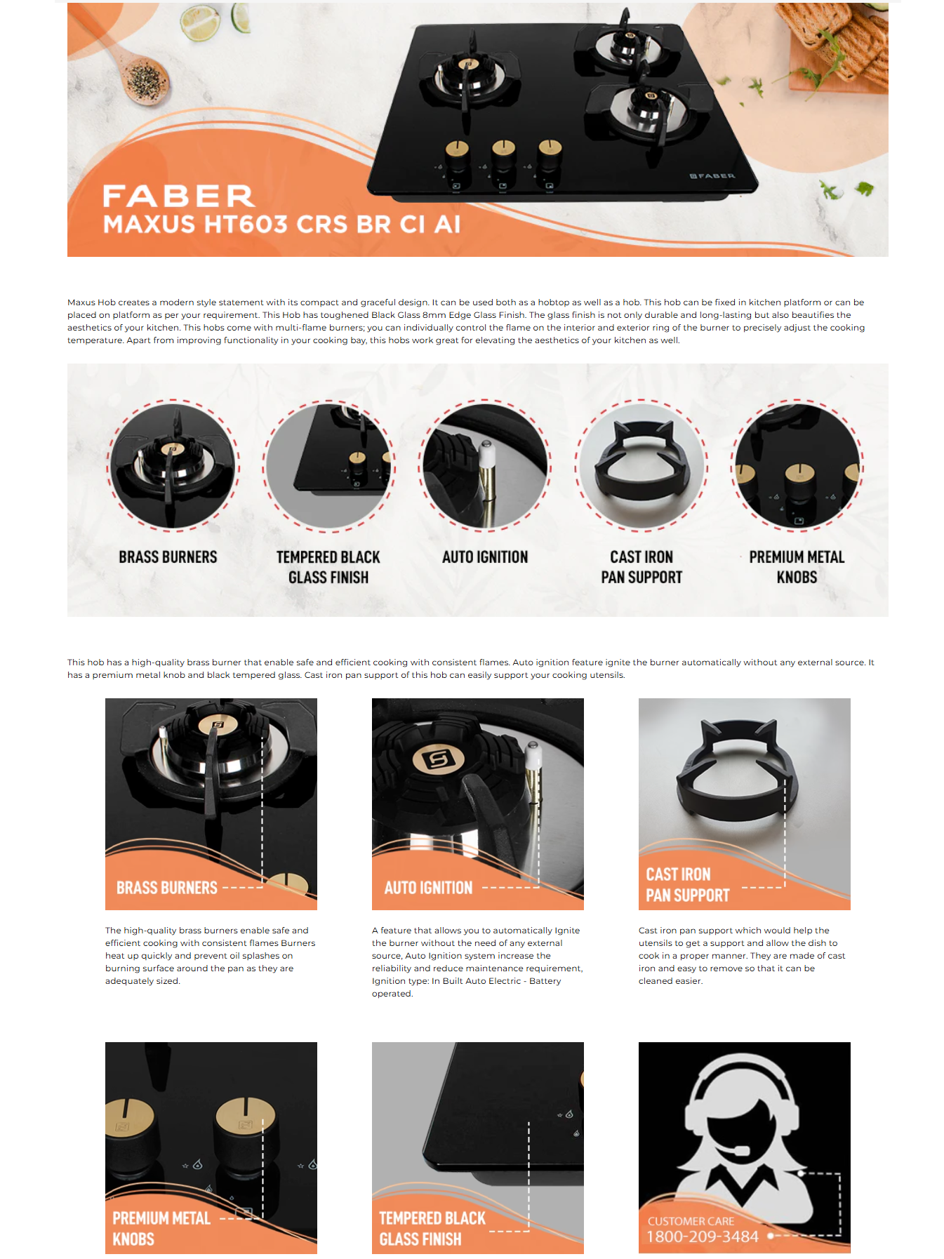 Faber Hob 3 Brass Burner Auto Electric Ignition Glass Top (Black, MAXUSHT603CRSBRCIAI)