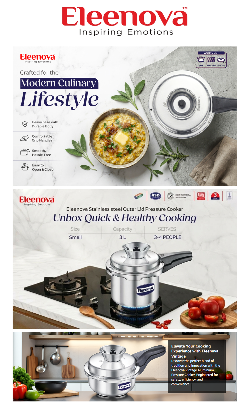 Eleenova Legacy SS 2L Cookers Anti Spill Stainless Steel Pressure Cooker (ELEPCSSLEGACY2L)