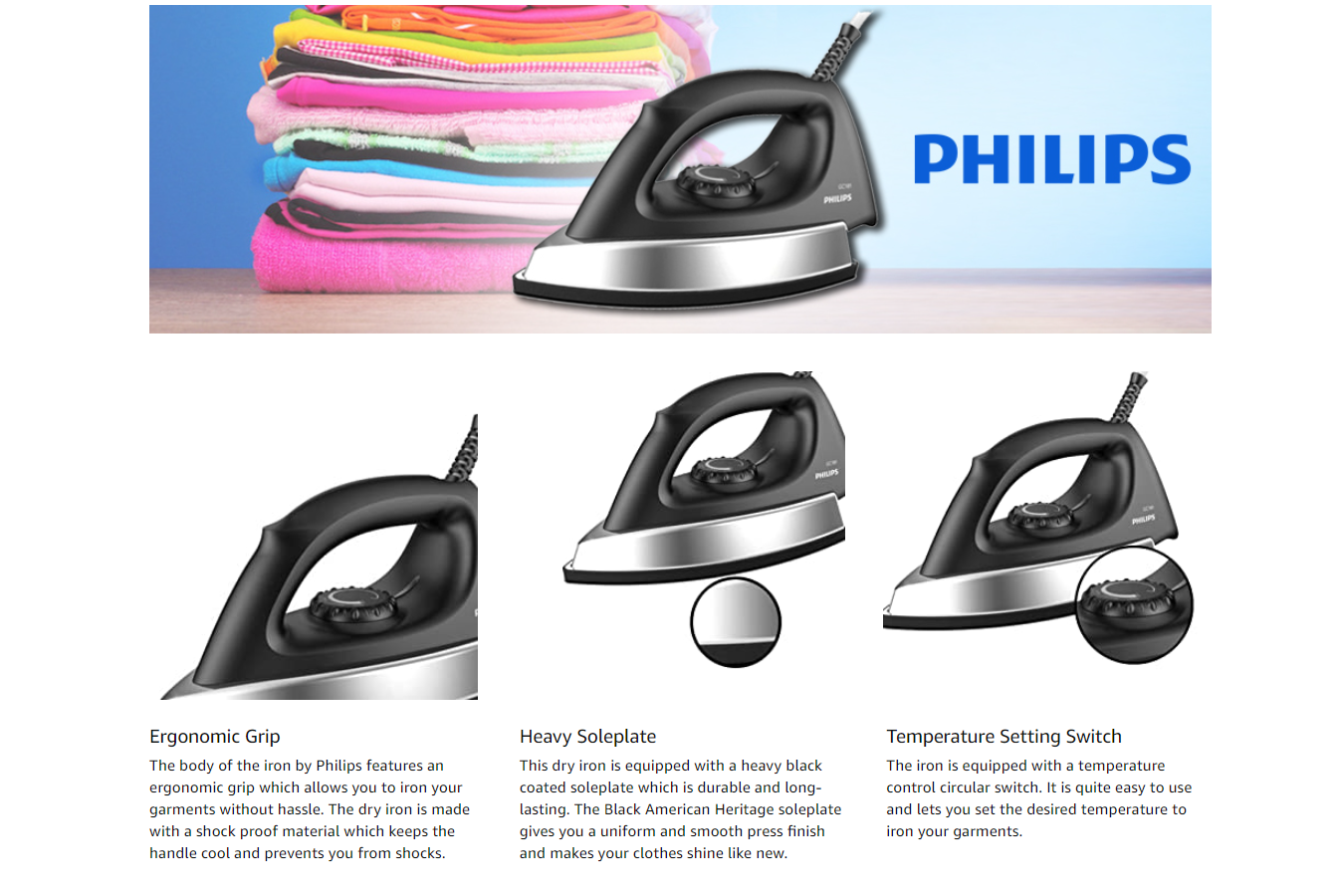 Philips 1000-Watt Dry Iron- Black (GC181)