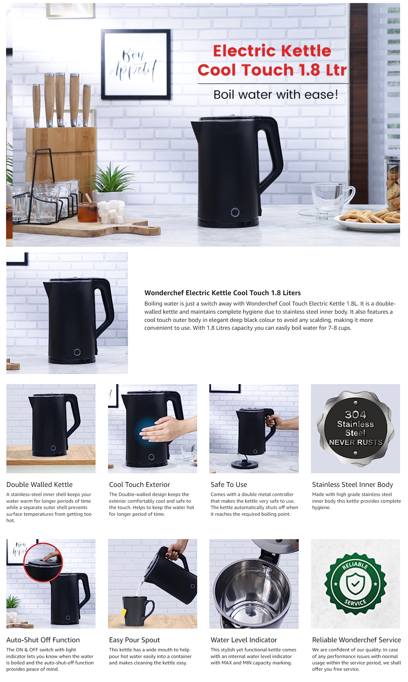 WONDERCHEF Cool Touch Double Walled Electric Kettle Beverage Maker  (1.8 L, Black) (WCEKCOOLTOUCH1.8L)