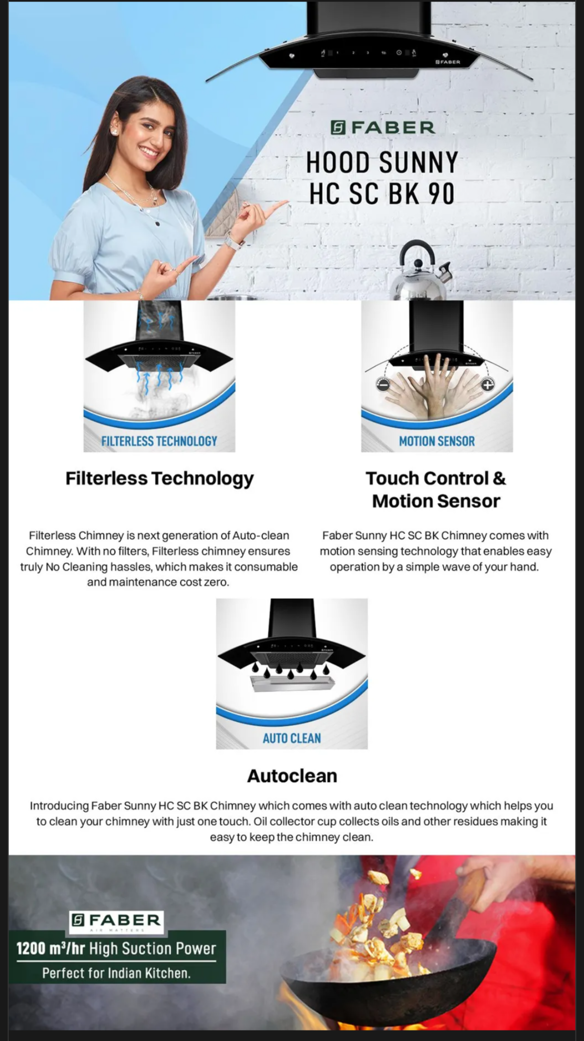 FABER HOOD SUNNY IN HC SC FL LG 90cm 1200m3/hr Ducted Auto Clean Wall Mounted Chimney (SUNNYRCINHCSCFLLG90)