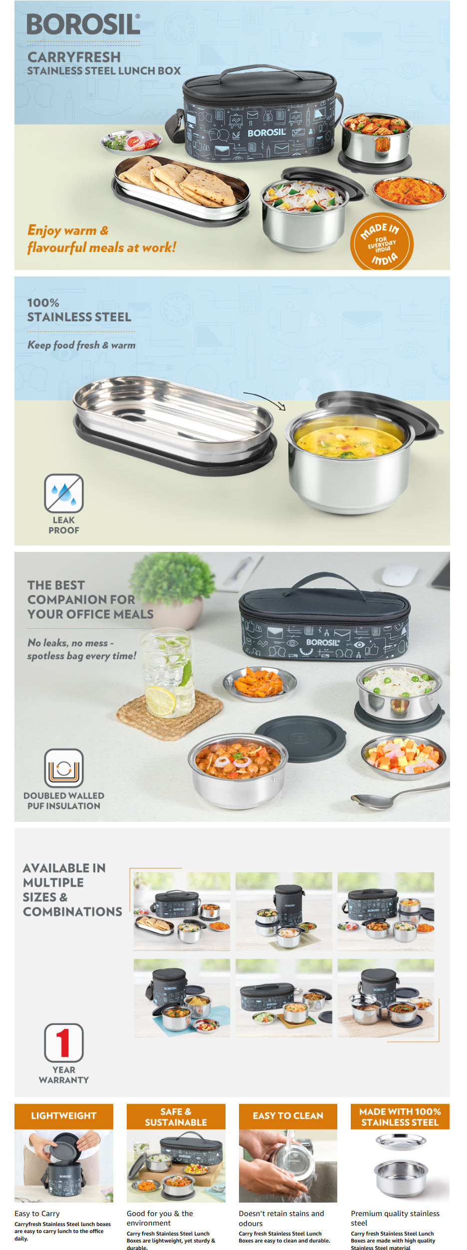 Borosil Carry Fresh Round Stainless Steel Lunchbox, Set of 3 (280ml x 2 + 475 ml x 1) (Silver, BRSLBCARRYFRESHSS475)