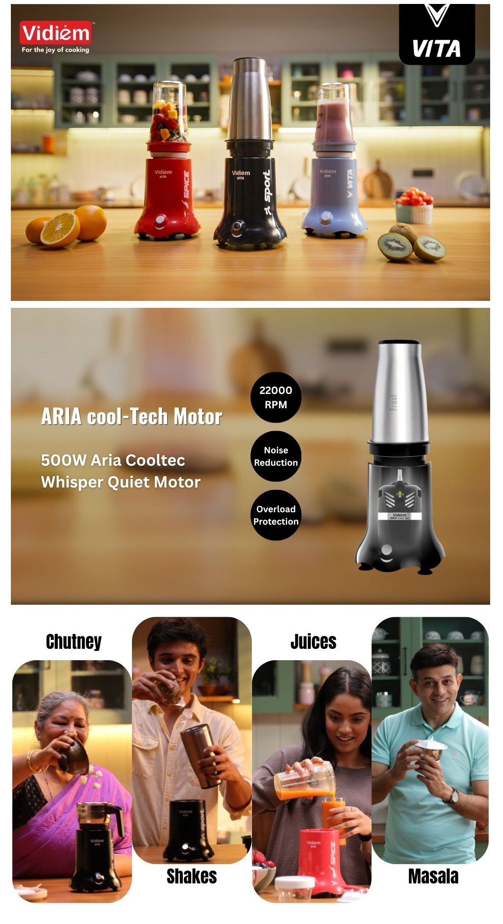 Vidiem VITA Sport 500 W Personal Blender, Nutri Blender, Mixer Grinder & Smoothie Maker (22,000 RPM Aria CoolTec Motor, VIDIEMVITASPORT500W)