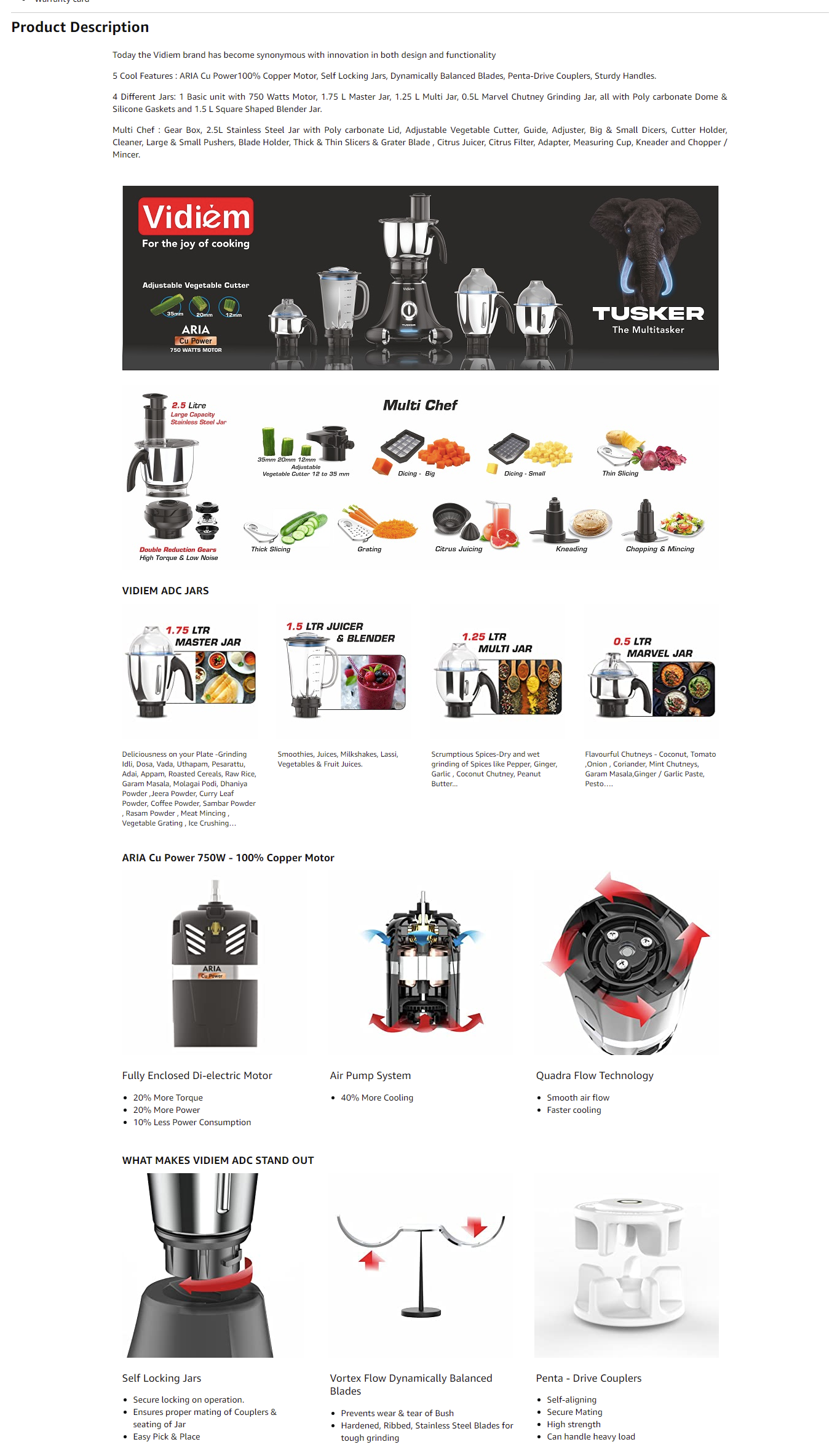 Vidiem MG 608 A Tusker 750 Watts Mixer Grinder with 4 Jars  (VIDIEMTUSKER750W)