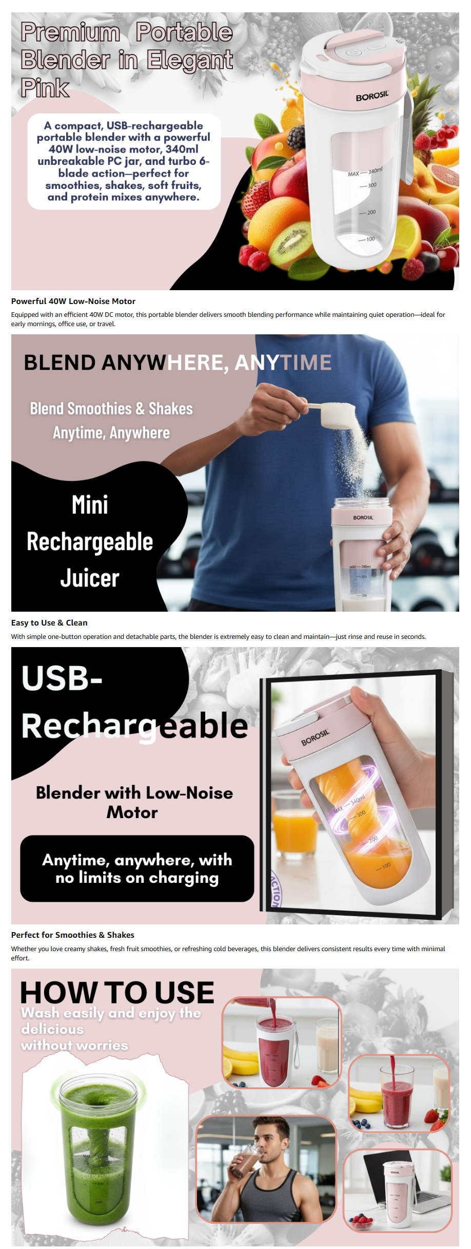 Borosil Nutrisip Portable Blender (40W Low-Noise DC Motor, Pink, BRSPBNUTRISIP)