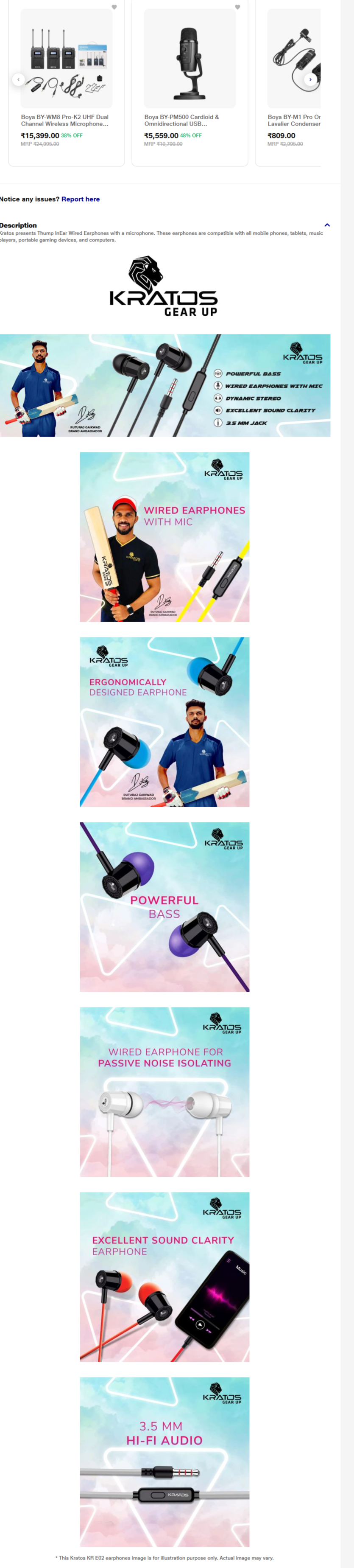 Kratos KR E02 Thump Ear Wired Earphone with Mic, 3.5 mm jack, Dynamic stereo, powerful bass (KREPE02THUMP)