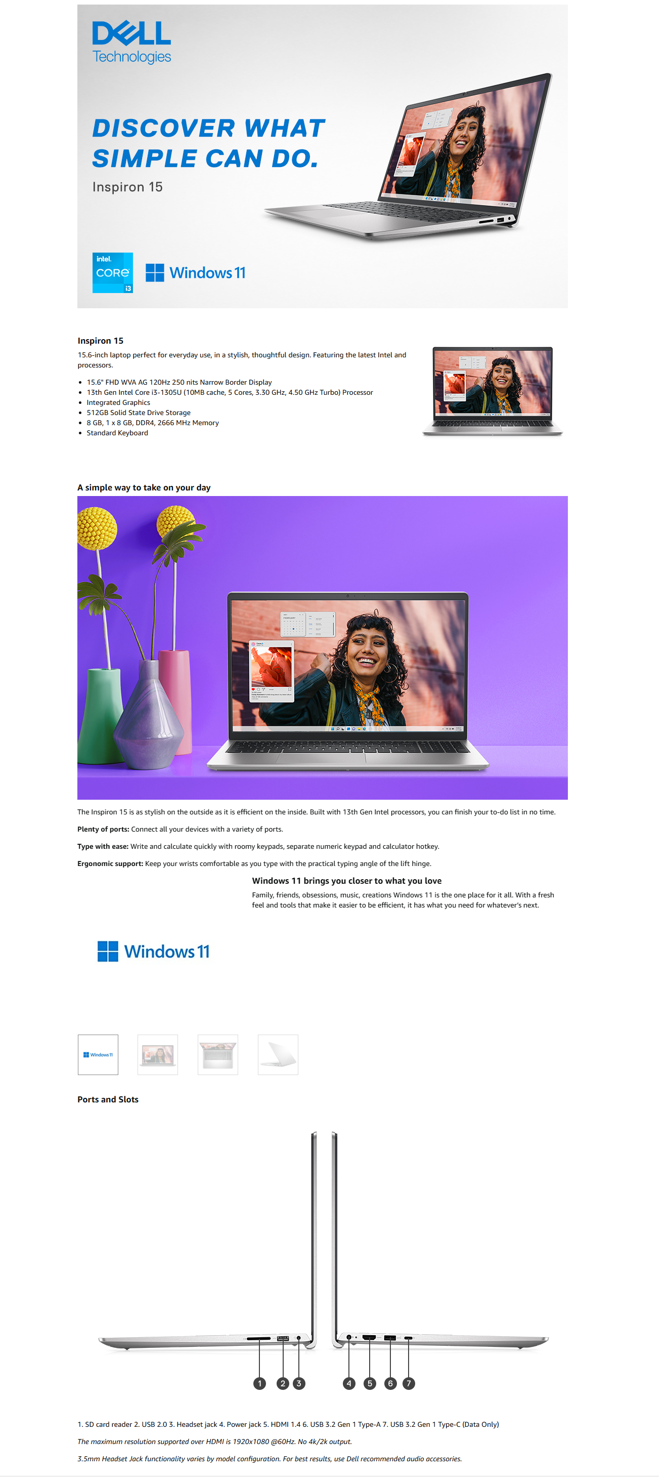 Dell Inspiron 3530 13th Gen Laptop, Intel Core i3-1305U 8GB 512GB SSD(DELLOIN353010051RINB)