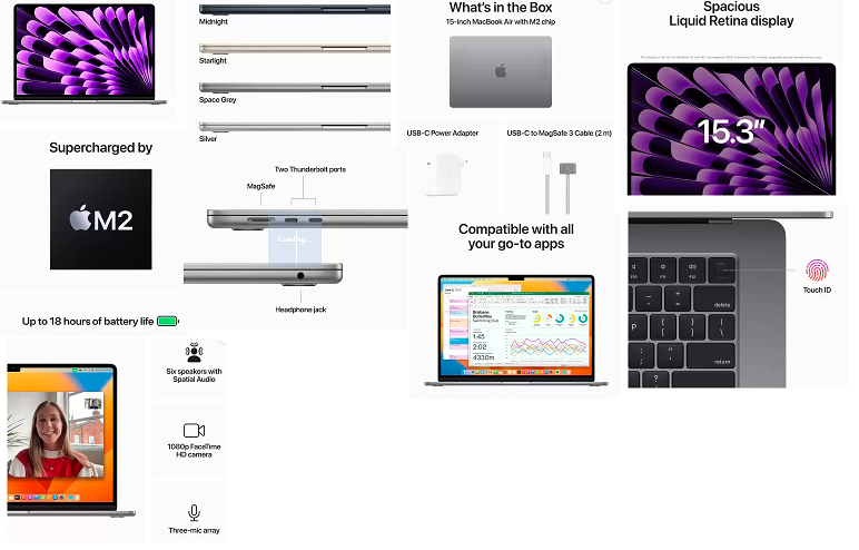 Apple MacBook Air 15 Inch 8 GB/256 GB SSD,Grey (APMACBKAIRM2MQKP3HNA)