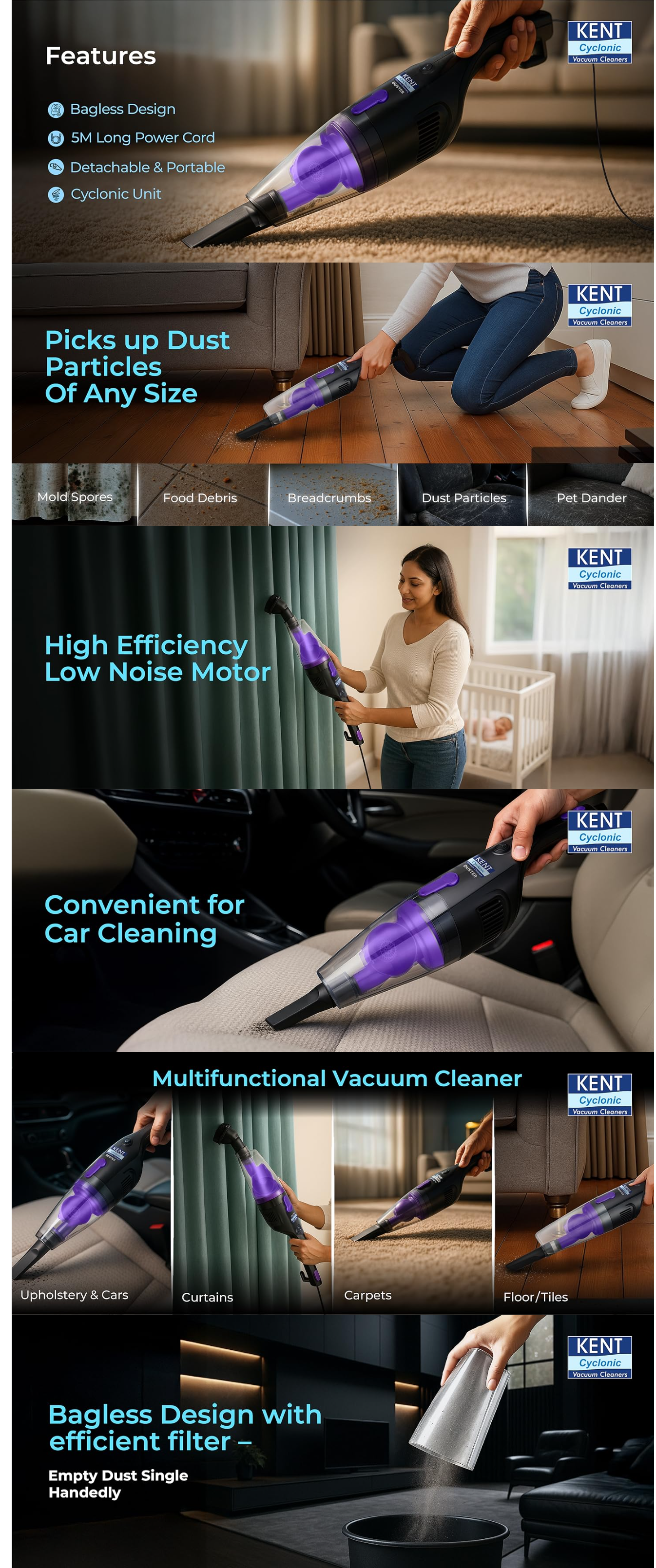 Kent Duster Vacuum Cleaner 600 W with HEPA Filter and Cyclone 5 Technology (Bagless Design, High Suction Power >16 Kpa, DUSTER)
