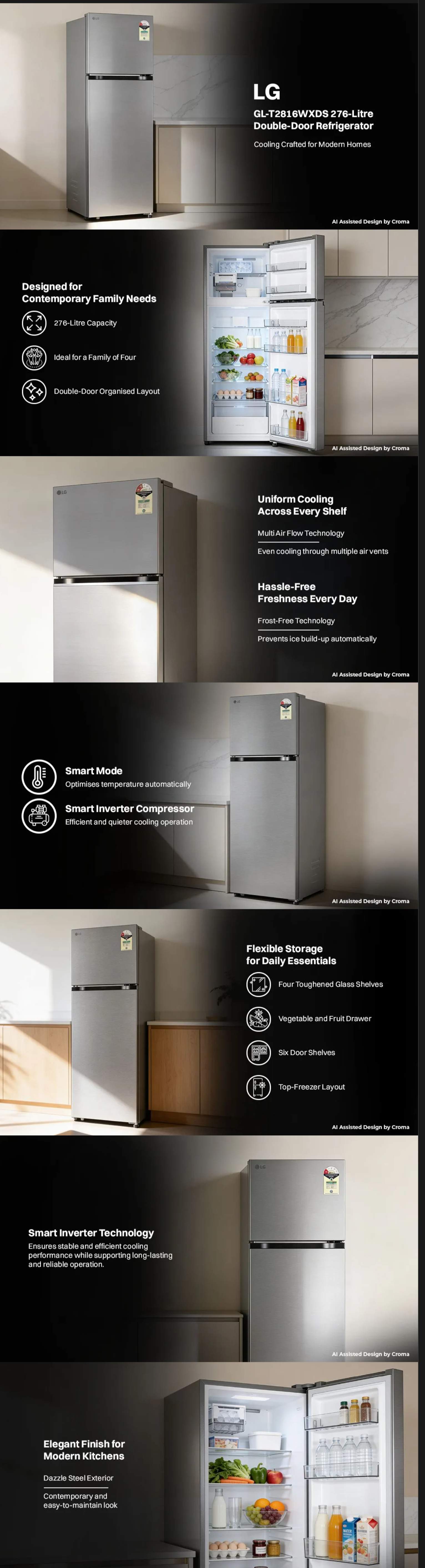 LG 276 Litres 1 Star Frost Free Double Door Refrigerator with Multi Air Flow (GLT2816WXDS)