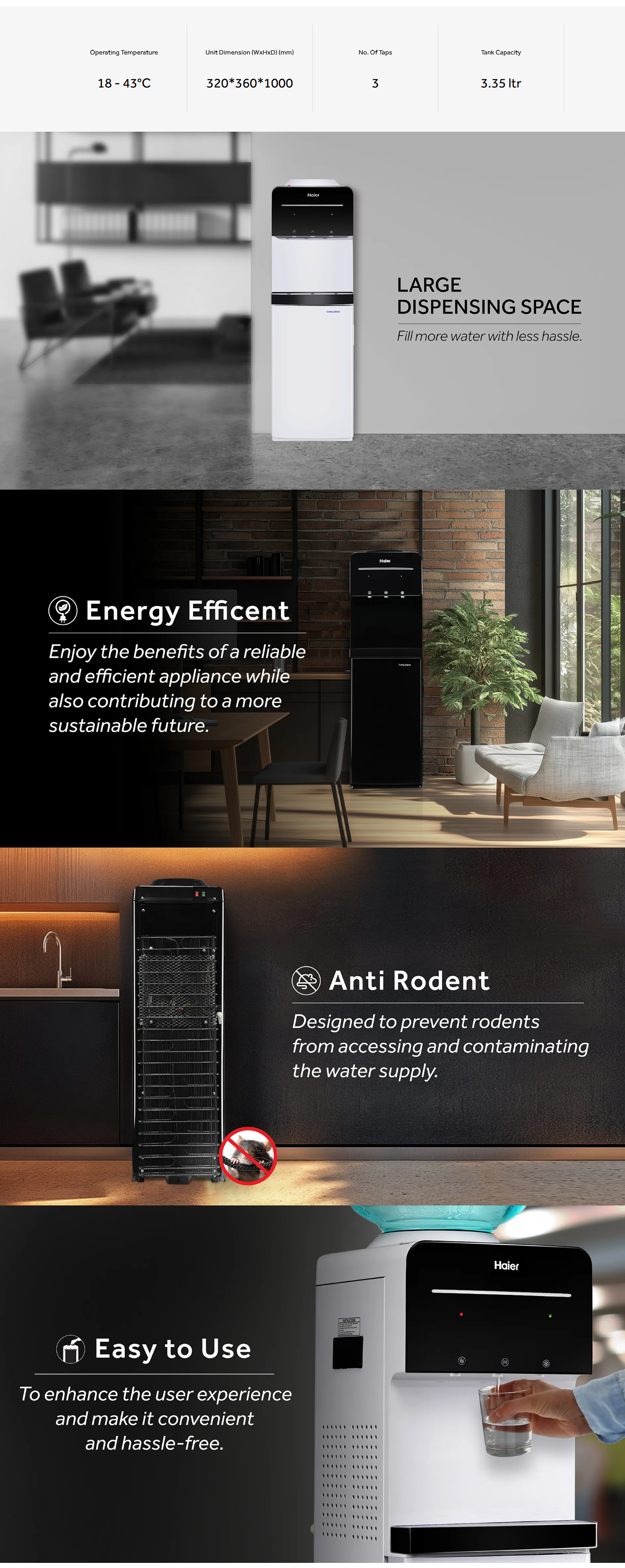 Haier Bottled Water Dispenser with Hot, Cold & Normal Water Dispenser (Mount Refrigerator Floor Standing, Digital Display, Black & White, HWD3MPFMR)