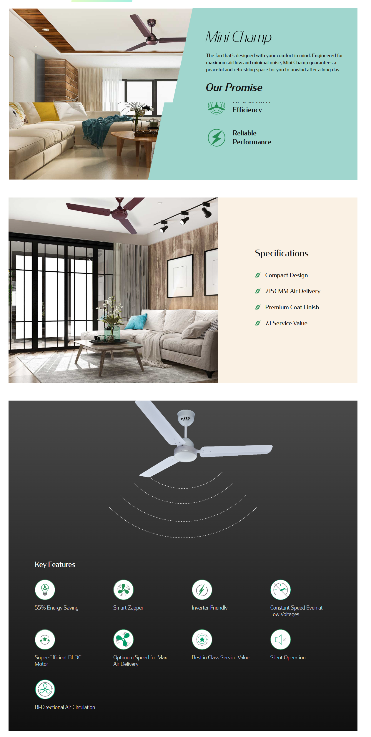 TVS Green Mini Champ Ceiling Fan (48MINICHAMPBLDCRF5S)