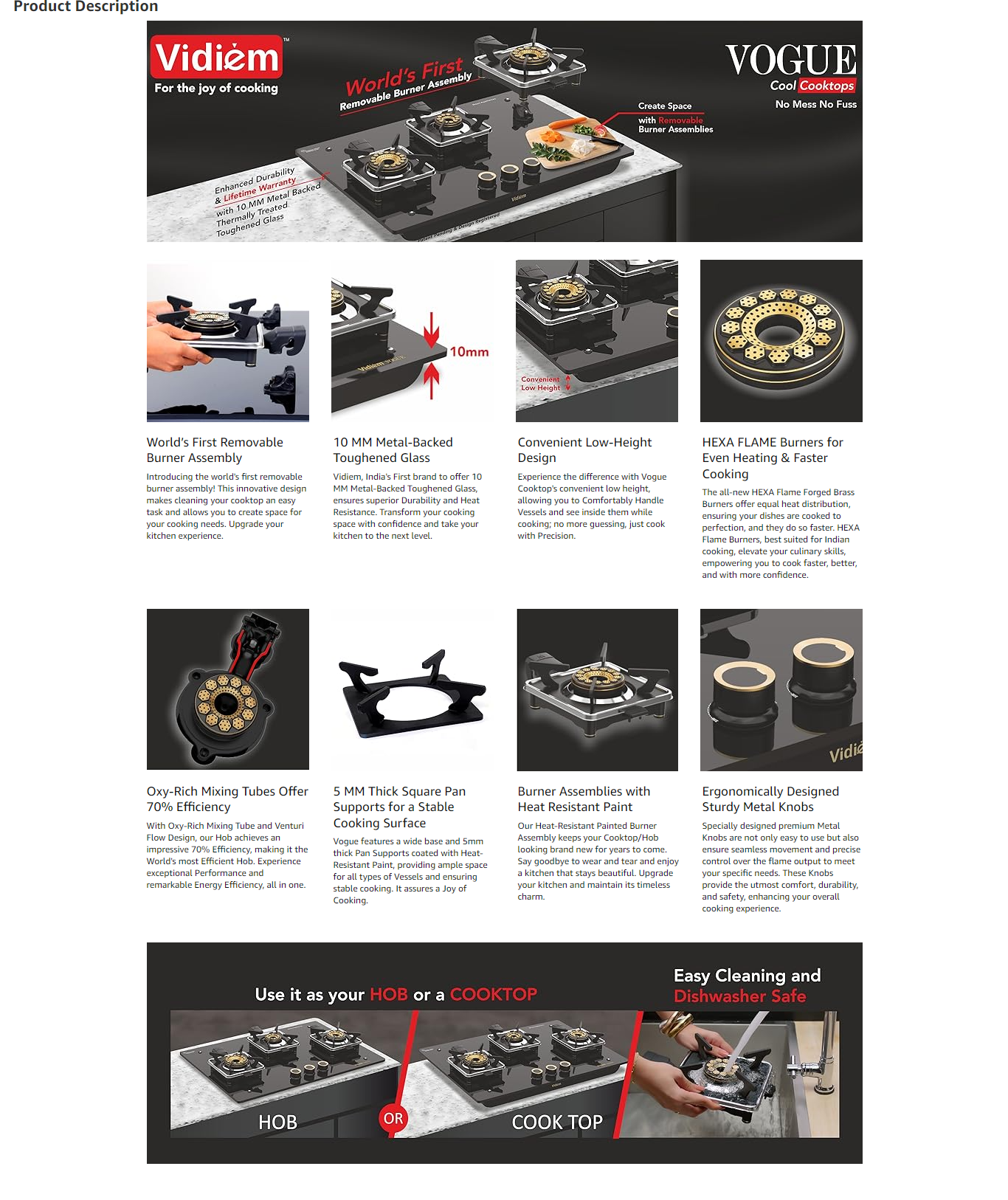 Vidiem Vogue 3-Burner Gas Cooktop,Black (VIDIEMVOGUEV1GT3B)