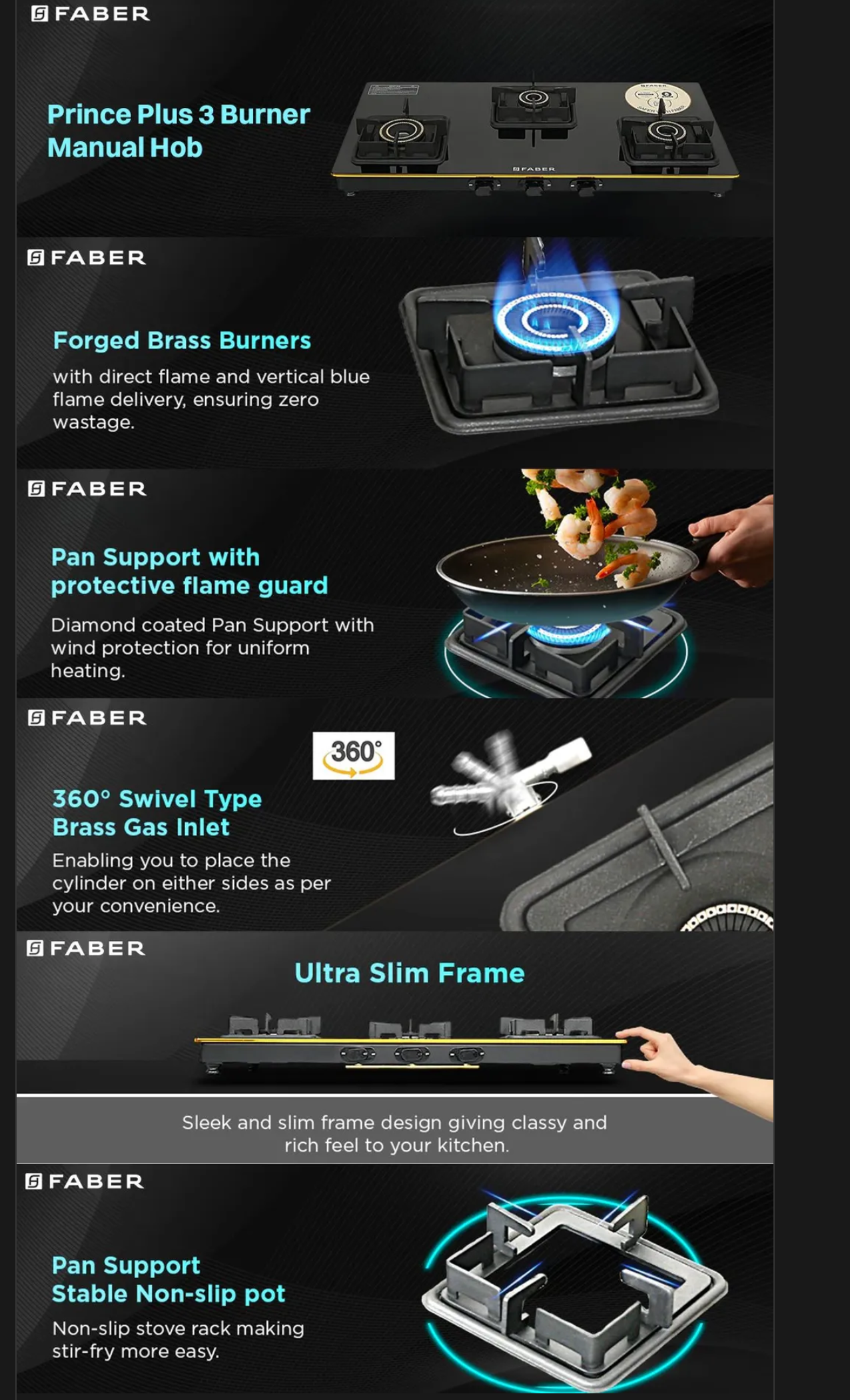 Faber PRINCE PLUS 3BB BK Toughened Glass Top 3 Burner Manual Hob (PRINCEPLUS3BBBK)