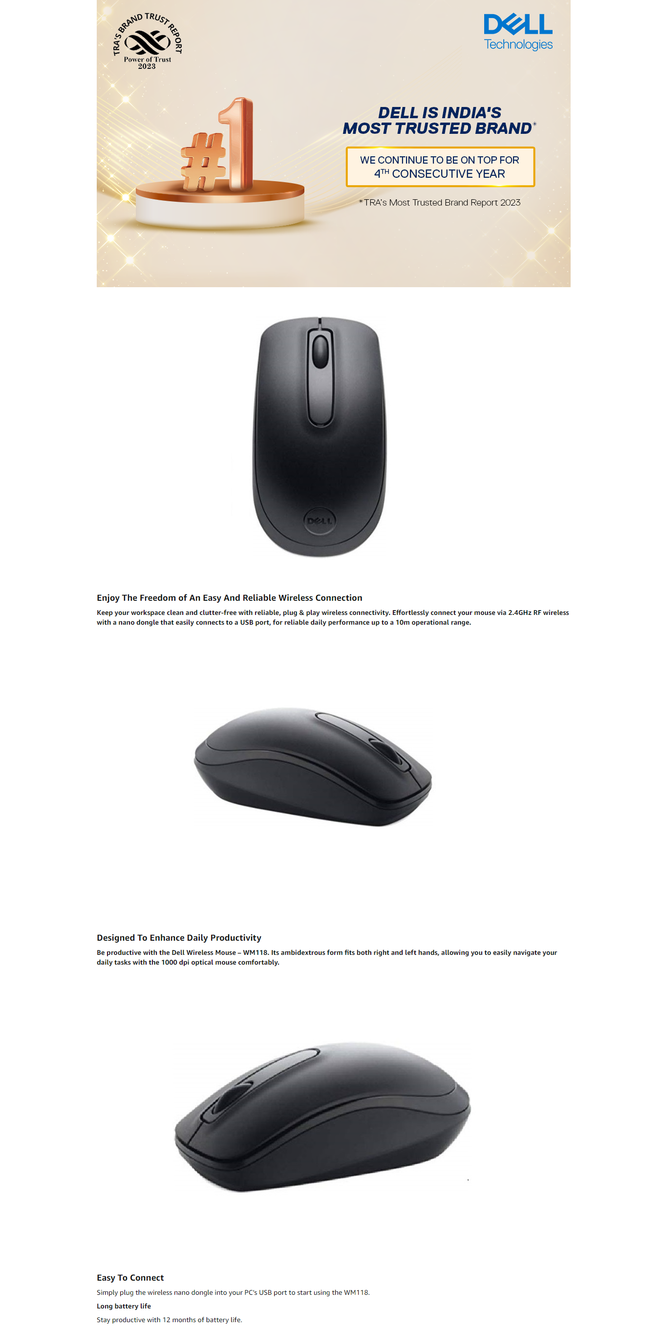 Dell WM118 Wireless Optical Performance Mouse (1000 dpi, Ambidextrous Design, DELLWM118, Black)