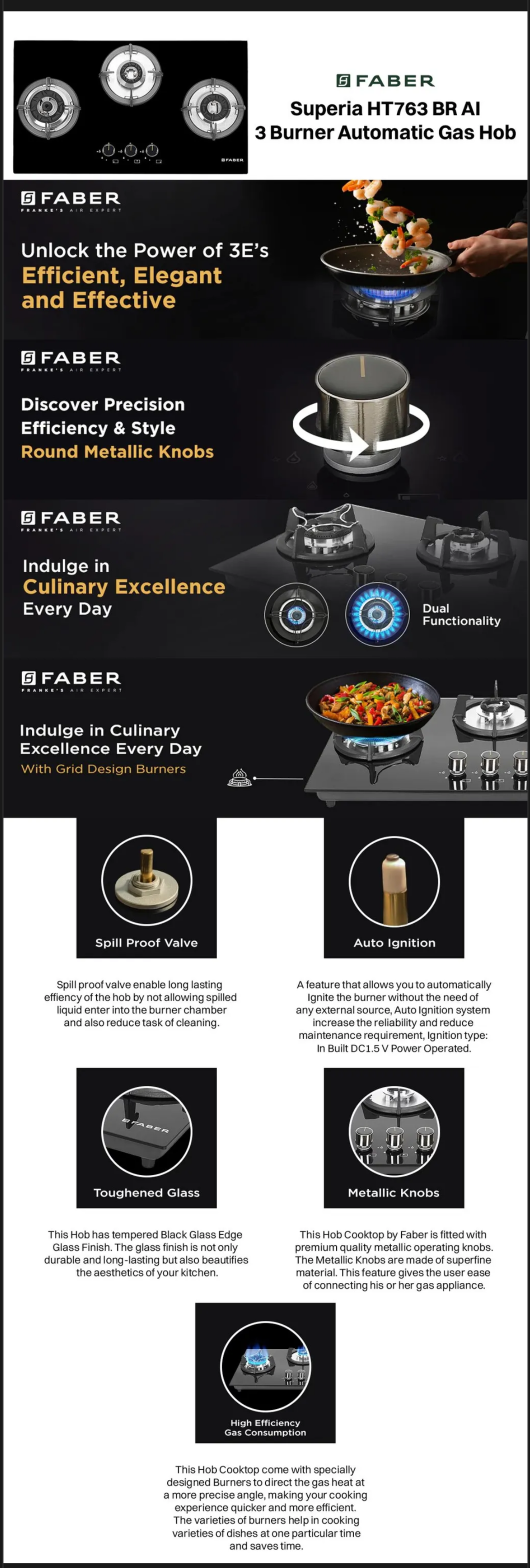 FABER Superia HT763 BR AI Toughened Glass Top 3 Burner Automatic Gas Hob (SUPERIAHT763BRAIN)