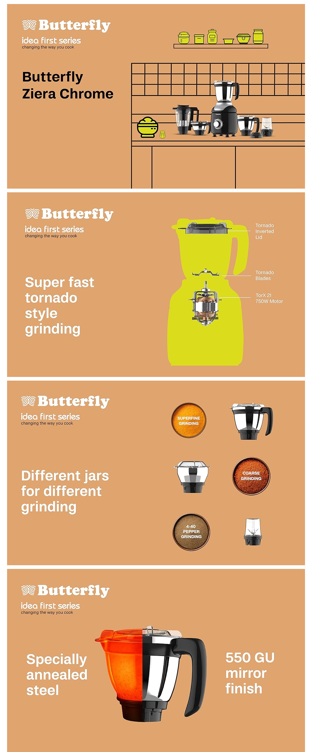 Butterfly Ziera Chrome 750 Watt 5 Jars Mixer Grinder (21000 RPM, Black, ZIERACHROME750W5JAR)