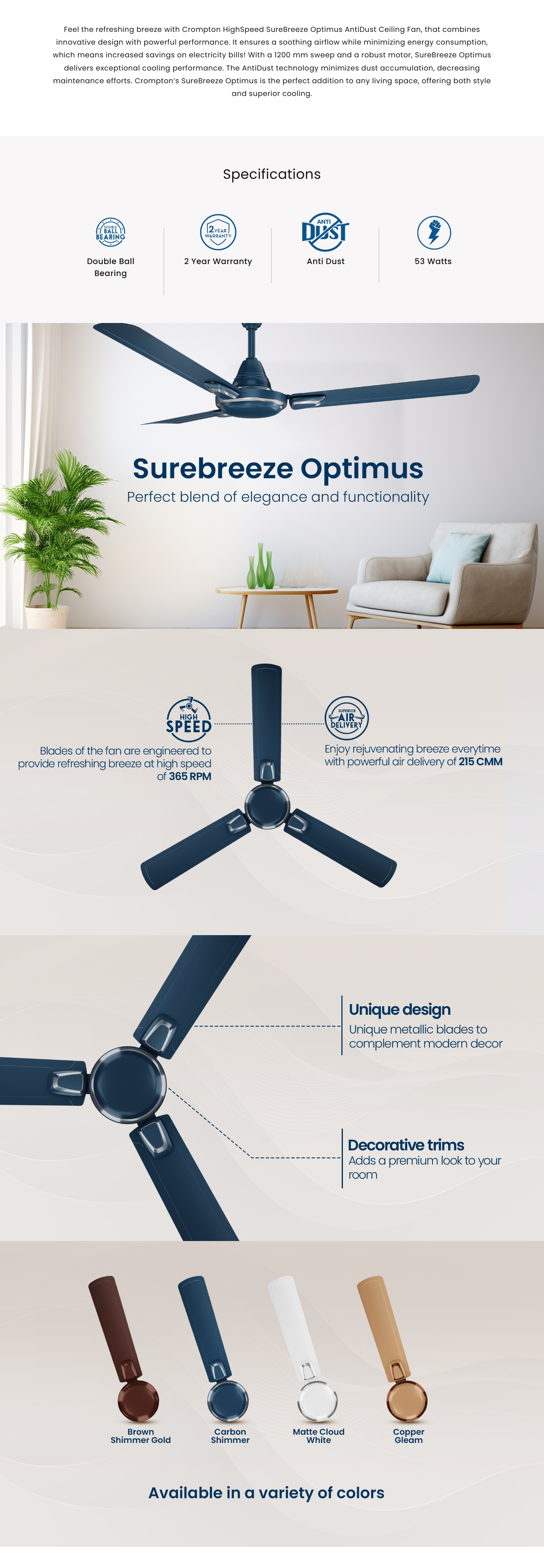 Crompton Surebreeze Optimus Anti Dust 1200 mm Ceiling Fan (48SBOPTIMUS1S)