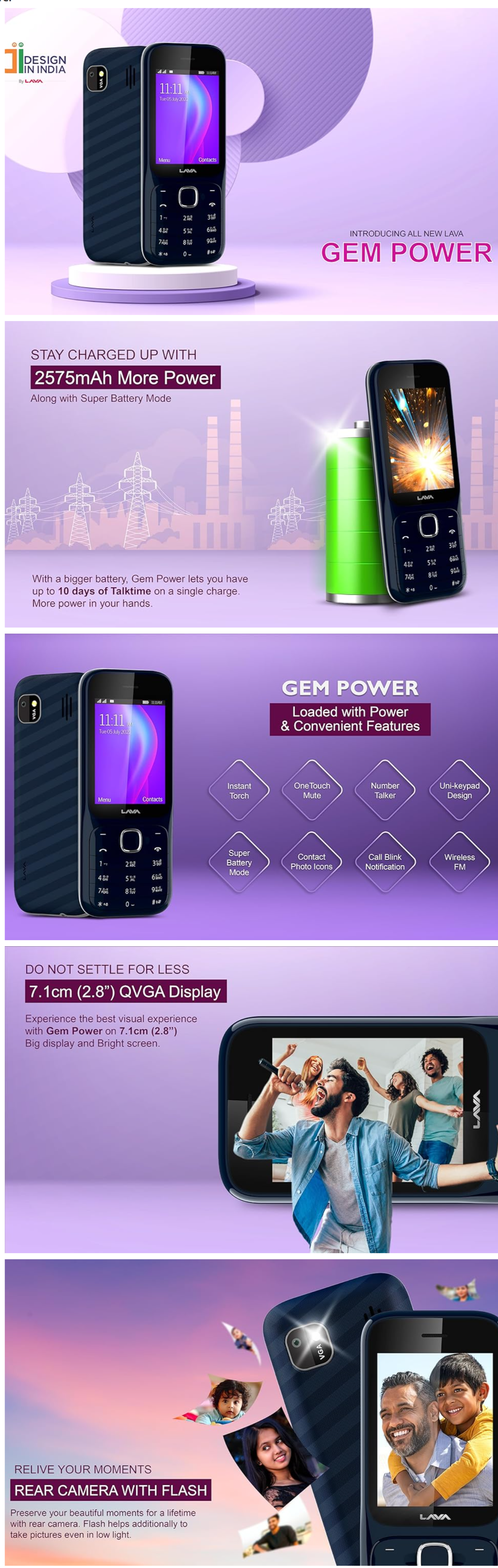 LAVA Gem Power Dual Sim Keypad Phone 2575 mAh Battery (LAVAGEMPOWER)