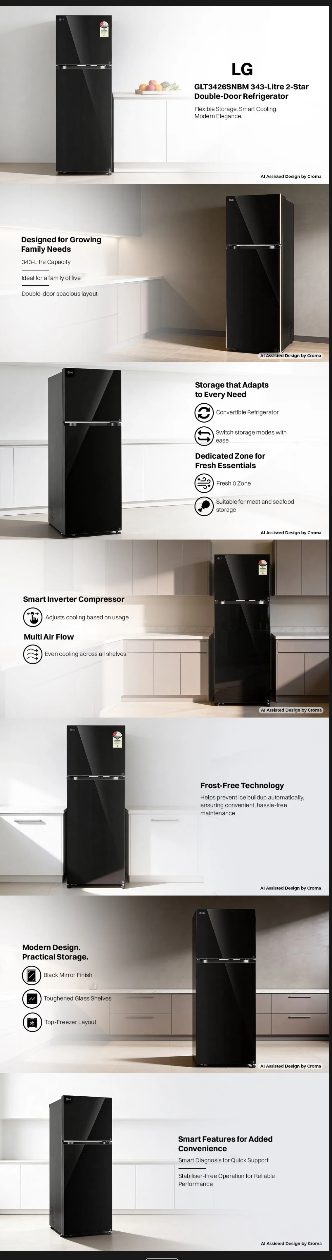 LG 343 Litres 2 Star Frost Free Double Door Convertible Refrigerator (GLT3426SNBM)
