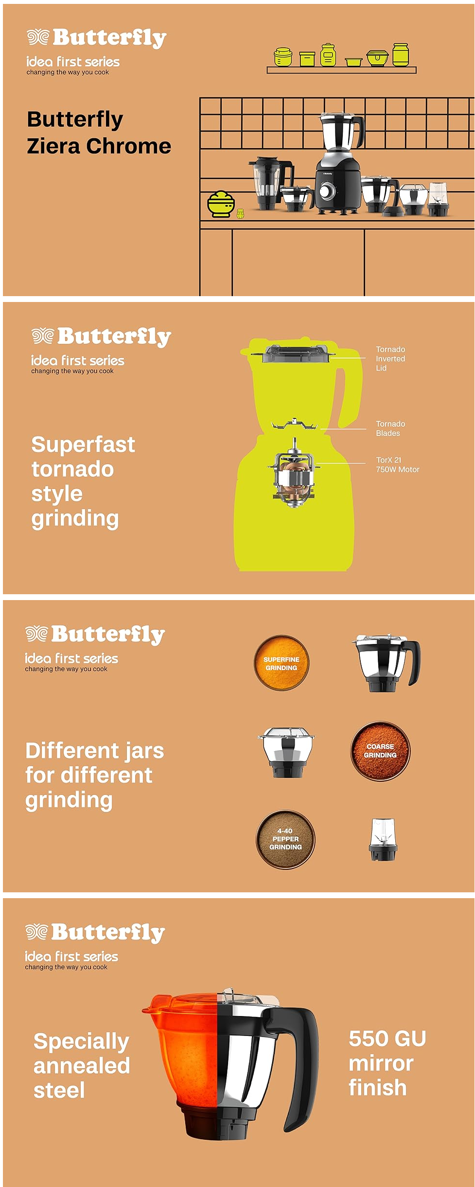 Butterfly Ziera Chrome 750W ABS Black Mixer Grinder with 6 Stainless Steel Jars (ZIERACHROME750W6JAR)