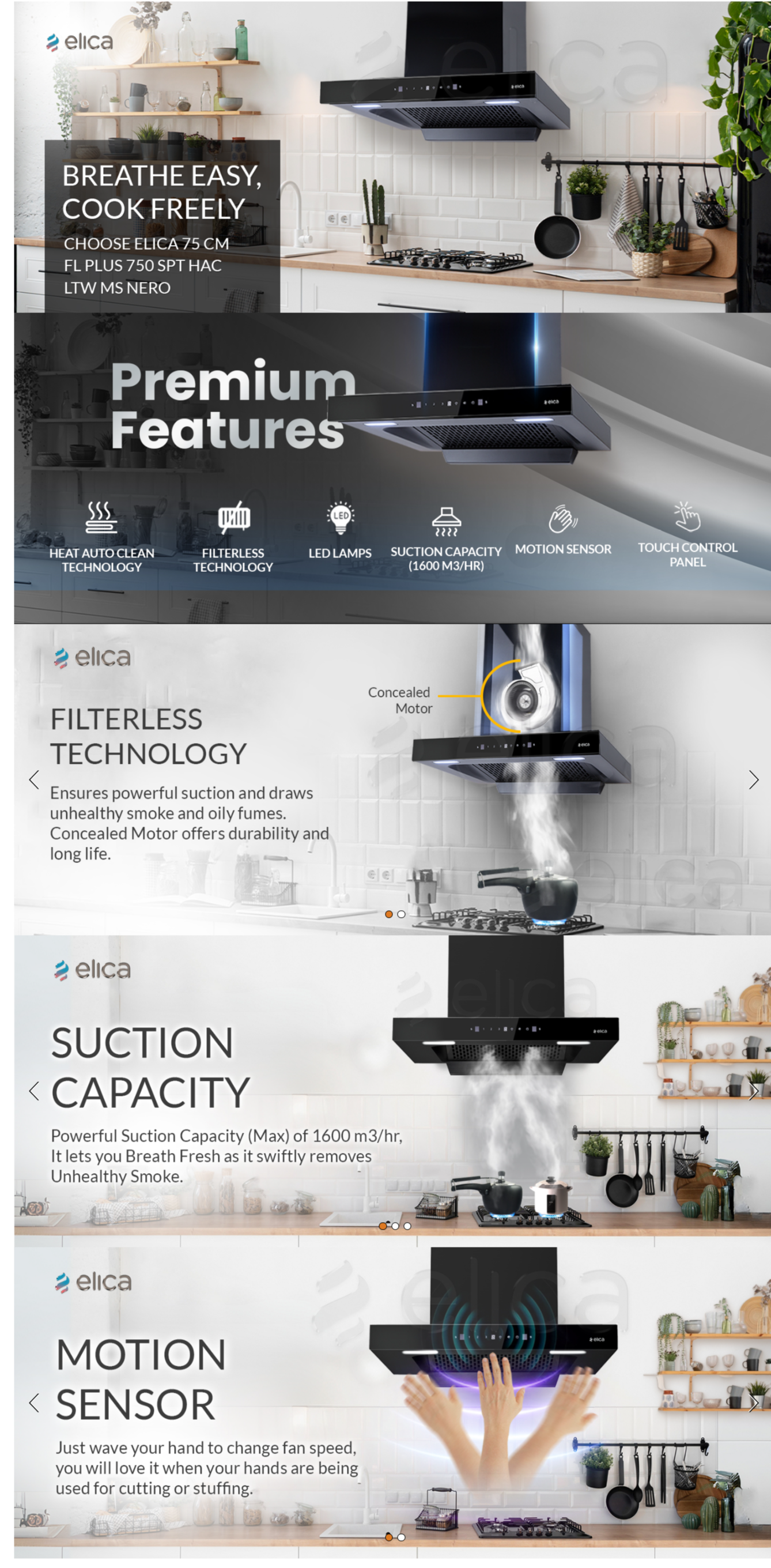 Elica 75cm 1600 m3/hr Filterless Autoclean Kitchen Chimney (SPTMAXFL750BLDCMSNER)